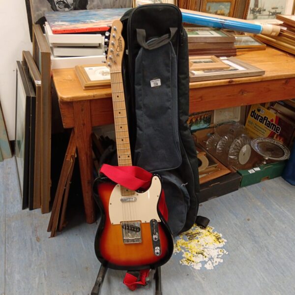 Sunburst electric guitar with soft case, vintage style instrument.