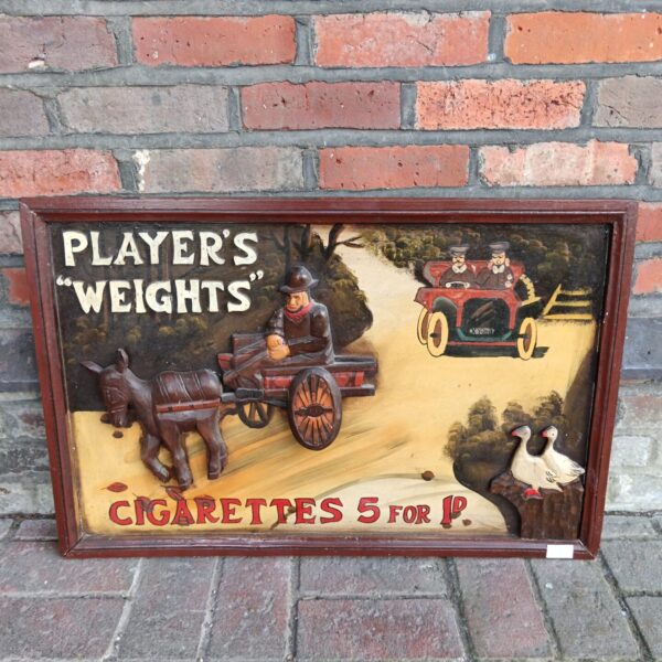 Vintage Players Weights cigarettes wooden wall panel advertising signage.
