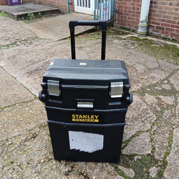 Black Stanley Fat Max wheeled toolbox for tool storage.