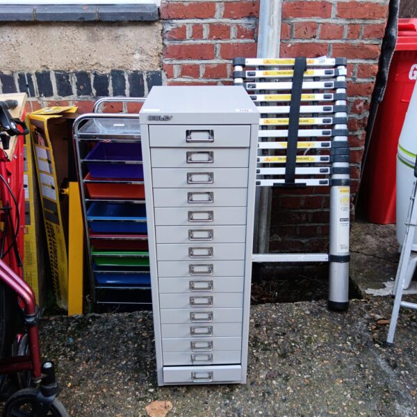Fifteen-drawer metal Bisley filing cabinet for office storage.