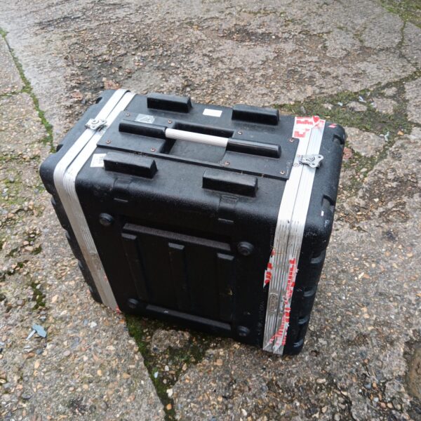 Heavy duty rack case with metal edging and secure latches.
