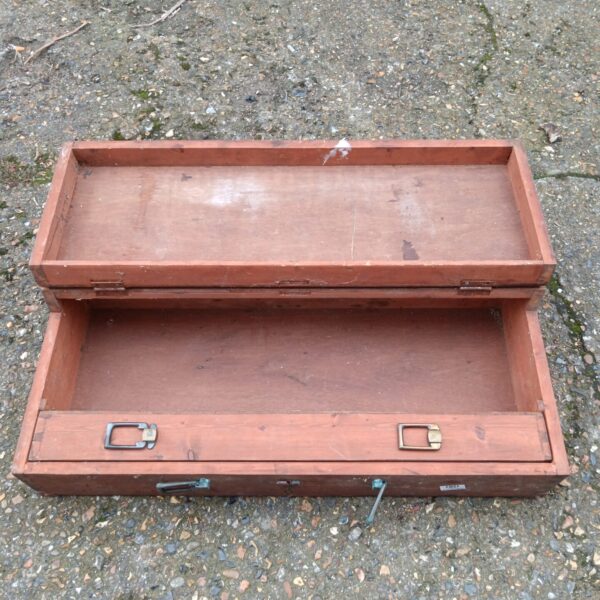 Vintage carpenter's tool chest, wooden storage for tools.