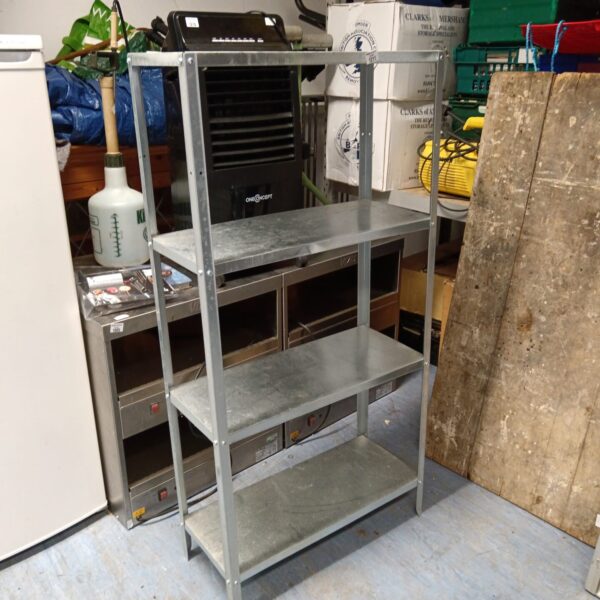 Four tier aluminium shelving unit for storage and display.