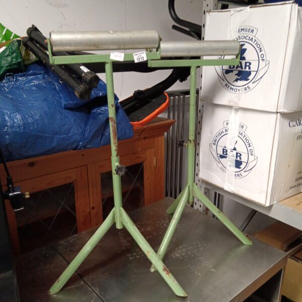 Vintage workman's rollers with green paint and tripod base.