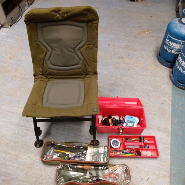 Portable fishing chair and telescopic rods with tackle.