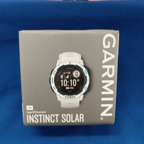 Garmin Instinct Solar smartwatch displaying time and data.