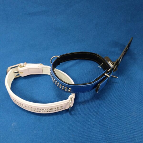 White dog collar with Swarovski crystals, luxury pet accessory.