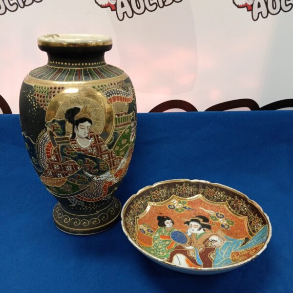 Antique Japanese Satsuma vase and dish with detailed enamel decoration.