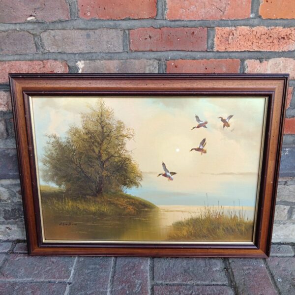 Artist signed Oil painting of lake scene ducks in flight