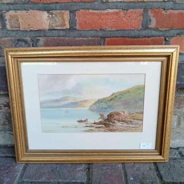 T Wilson Highland watercolour painting of a Scottish coastal scene.