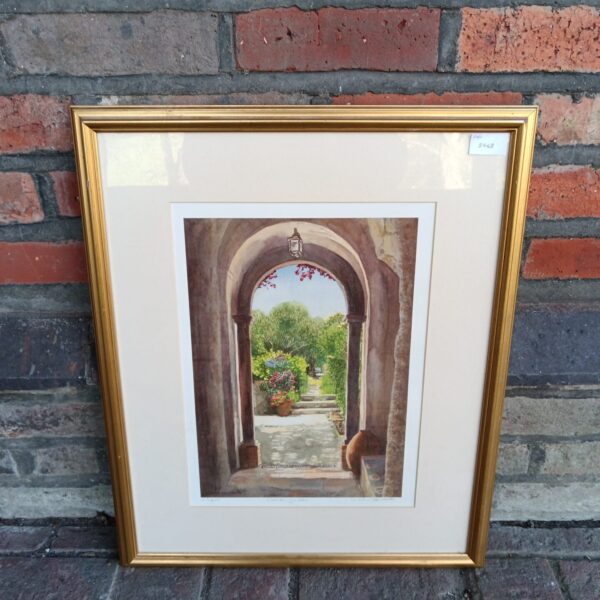 Limited edition Italian garden print by V Charlesworth with floral archway.