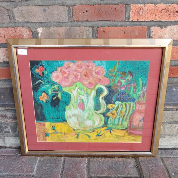 Vibrant psychedelic pastel still life painting with colourful floral arrangement.