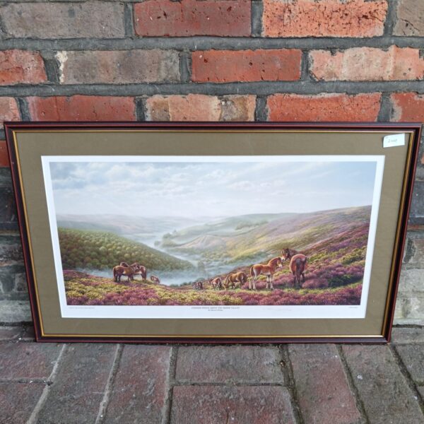 Limited edition Exmoor pony painting by Maurice Bishop above Doone Valley.