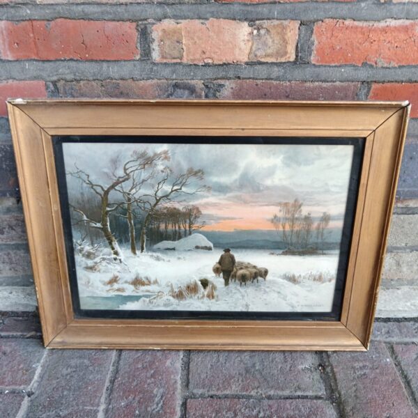Vintage lithograph of farmer herding sheep by E W Haslehurst.