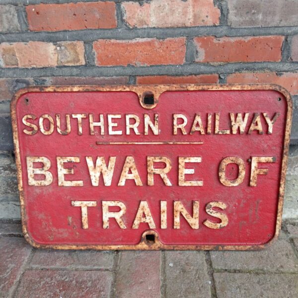 Vintage Southern Railway "Beware of Trains" cast iron sign.