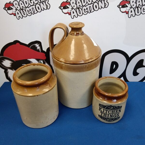 Vintage salt glazed flagon and jars, rustic stoneware pottery set.