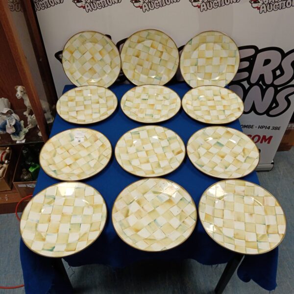 Set of twelve Mackenzie Child's enamel plates with courtly check design.