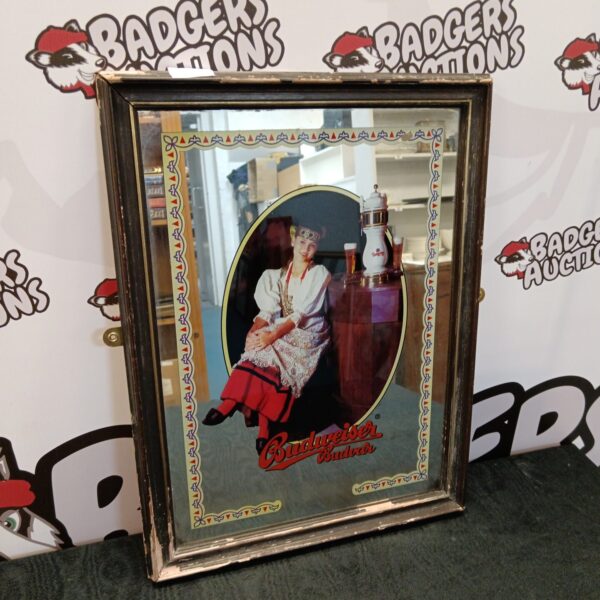 Vintage Budweiser Budivar pub mirror with illustration.