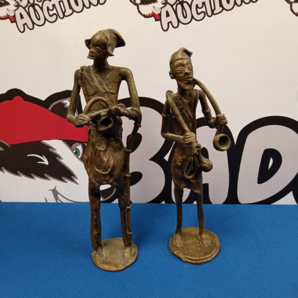 Antique African bronze sculptures of two tribal men figures.