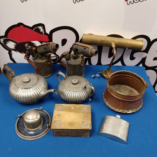 Vintage mixed metalware lot including copper cauldron and blow lamps.