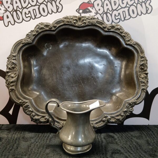 Antique pewter bowl and jug set, vintage tableware for collectors.