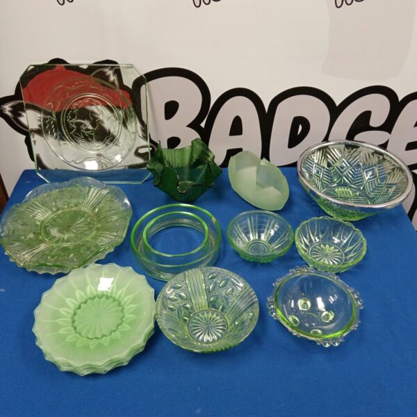 Vintage green glassware collection featuring bowls and dishes.