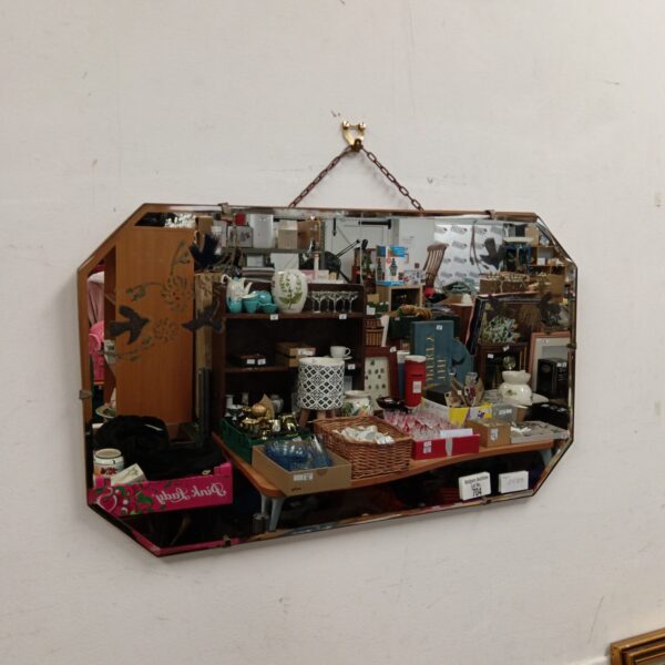 Vintage bevelled bird mirror with a decorative bird pattern.