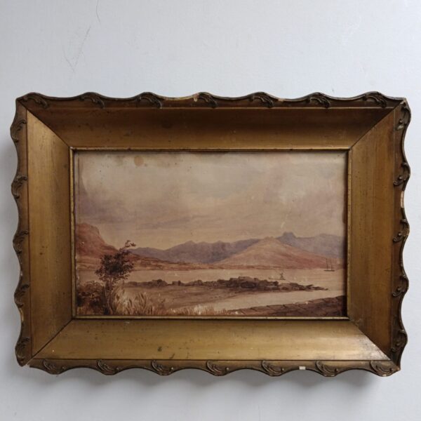 Victorian watercolour painting of a mountain lake scene in gilt frame.