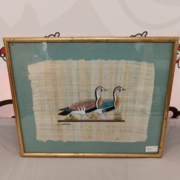 Signed vintage Egyptian papyrus artwork featuring a pair of geese.