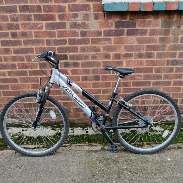 Raleigh Volatile mountain bike in used condition, side view.
