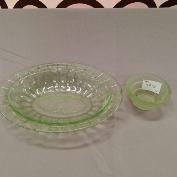 Vintage green uranium glass dish with fluted edge.