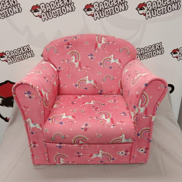 Pink unicorn child's armchair for playroom or nursery.