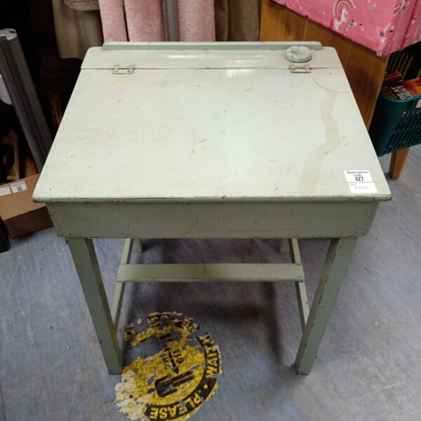 Vintage wooden school desk with lift-top storage.