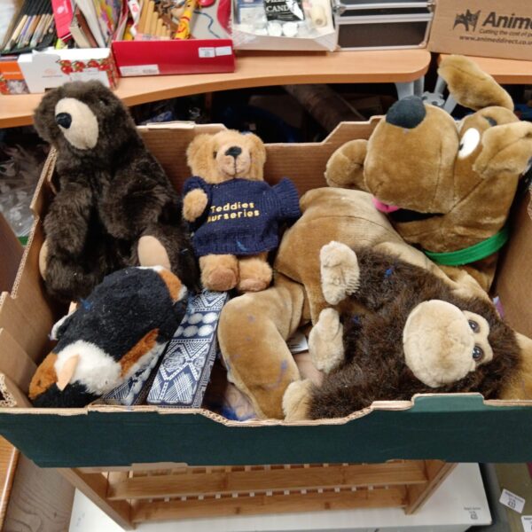 Vintage soft toy lot featuring Scooby Doo and a golden bear puppet.