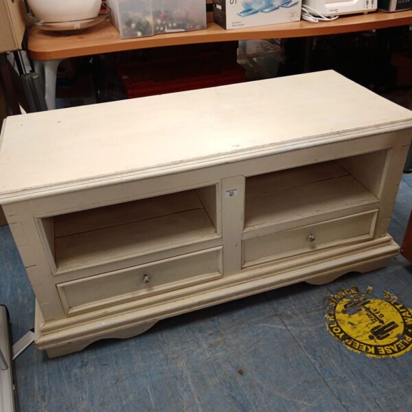 Distressed shabby chic TV cabinet with two drawers.
