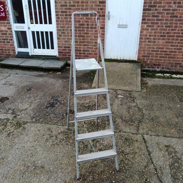 Front view of a used Beldray aluminium step ladder.