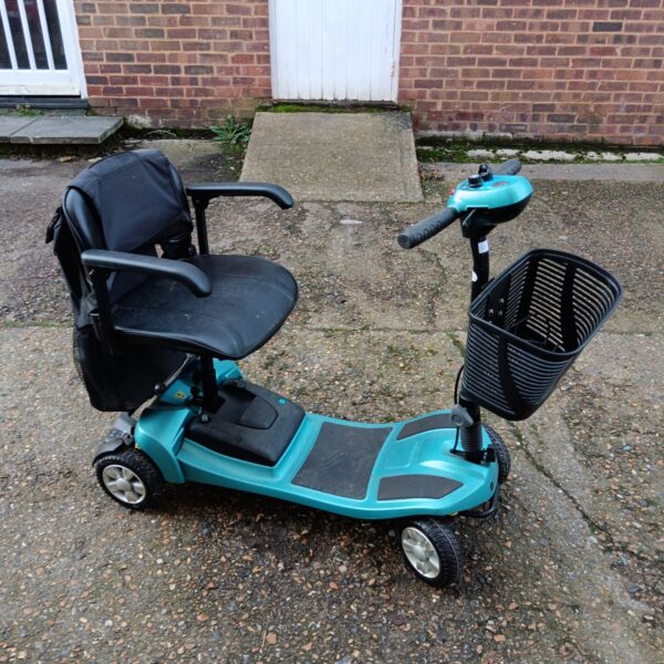 Blue Care Co mobility scooter, portable electric aid for assisted movement.