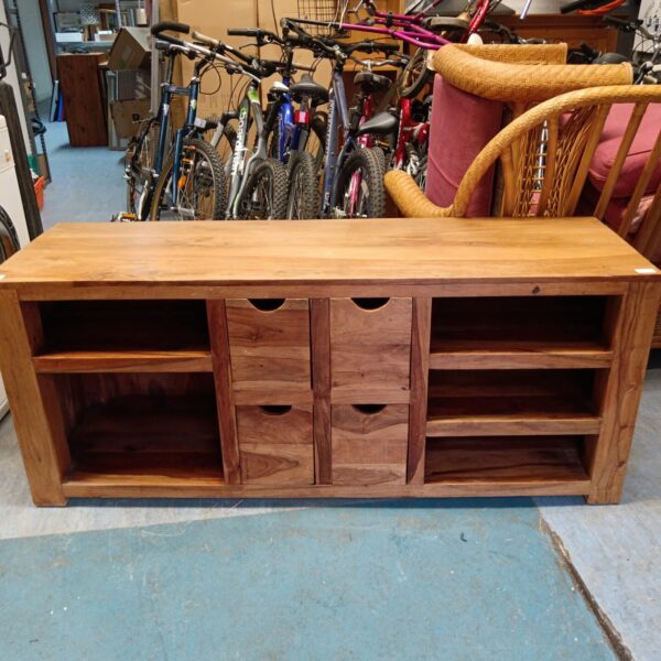 Large Indian oak media cabinet with drawers and shelving.