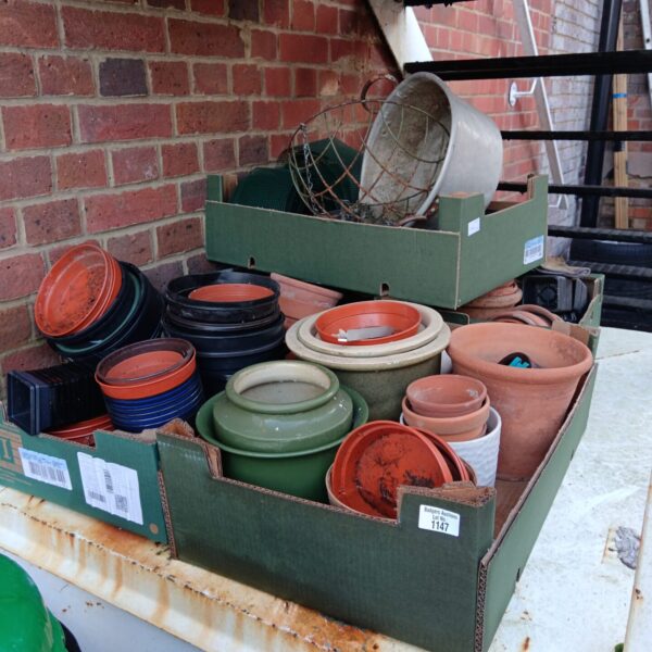 Mixed lot of terracotta and plastic plant pots and trays for gardening.