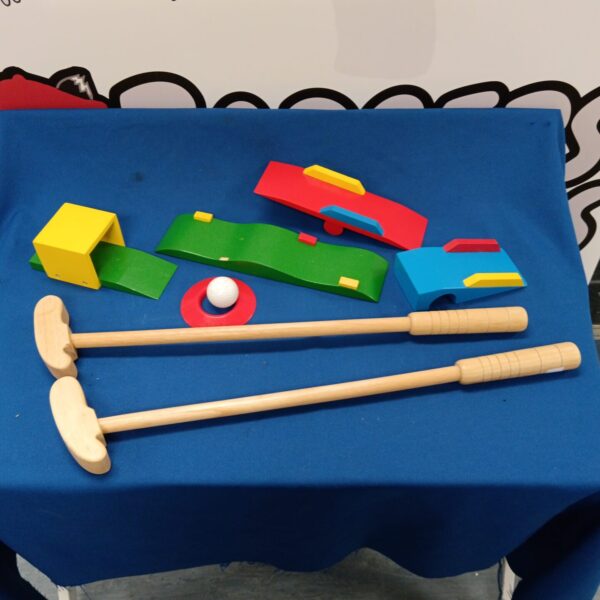 Colourful wooden crazy golf set with obstacles and putter.