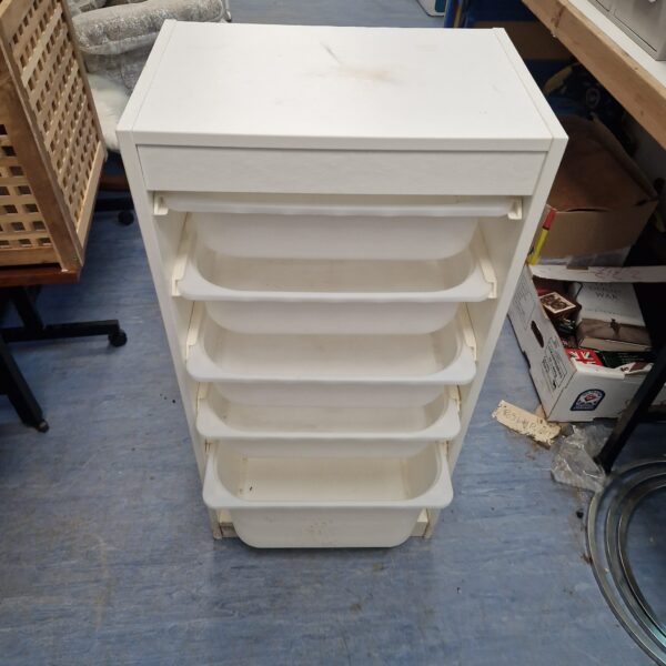 White five-tier plastic storage unit for household organisation.