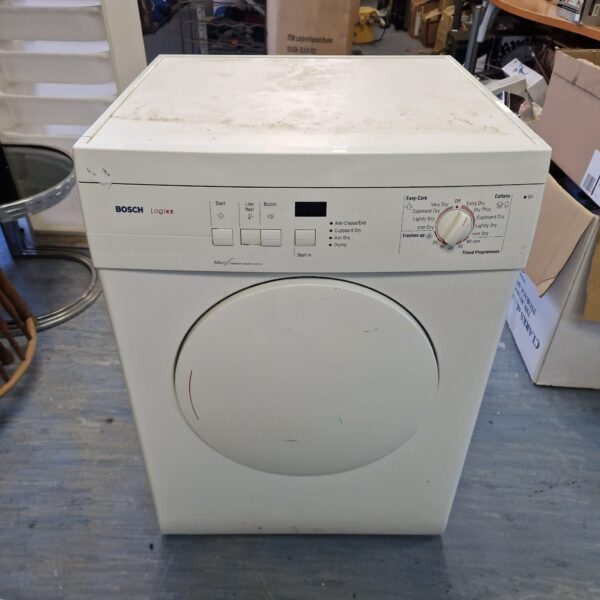 White Bosch Logixx tumble dryer with control panel visible.