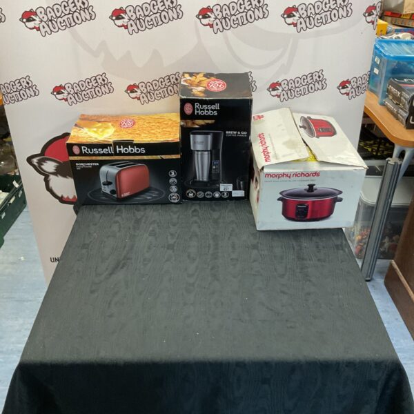 Kitchen appliance bundle including Russell Hobbs toaster and coffee maker.