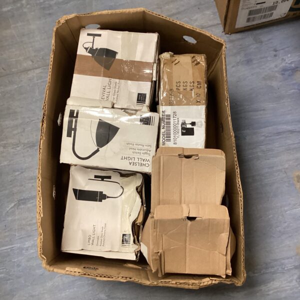 Sealed box of mixed John Lewis wall lights for home lighting.