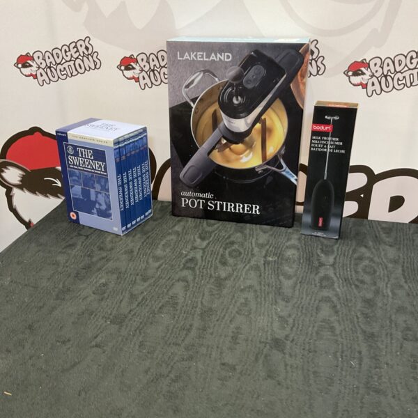 Lakeland pot stirrer, Bodum milk frother and The Sweeney DVD bundle.