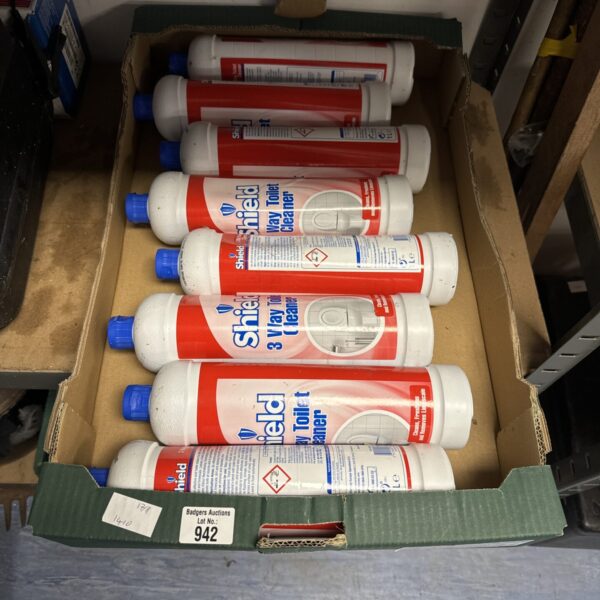 Eight bottles of Shield 3 Way Toilet Cleaner for bathroom hygiene.