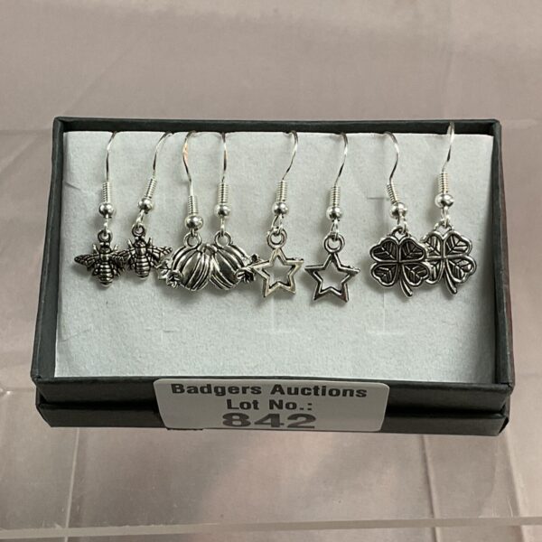 Close-up of 925 silver earring set with floral, clover, star, and butterfly designs.