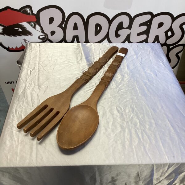 Large wooden spoon and fork set, vintage kitchen utensils.