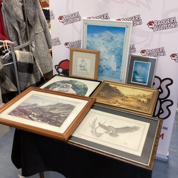 Selection of framed landscape prints and signed drawing.