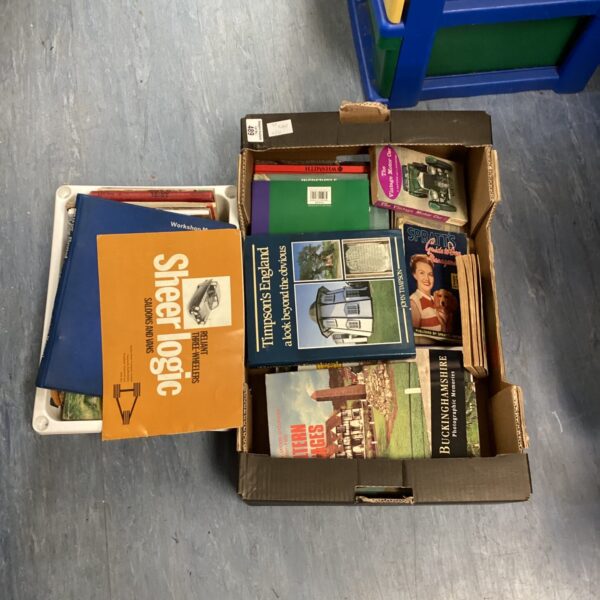 Vintage book lot featuring Buckinghamshire history and Reliant Three Wheeler manuals.